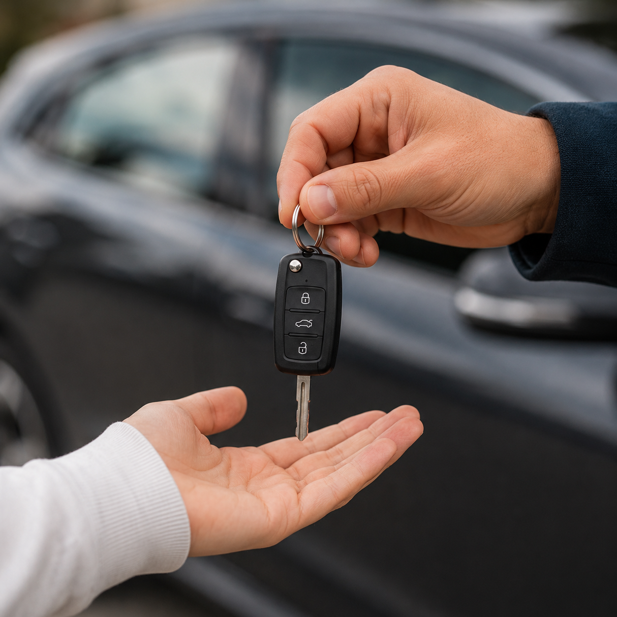 A finished car key being handed to a customer
