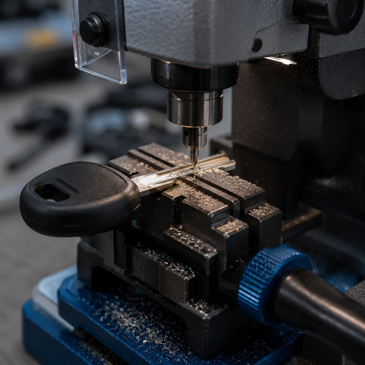 Close-up of a car key being cut on professional locksmith equipment