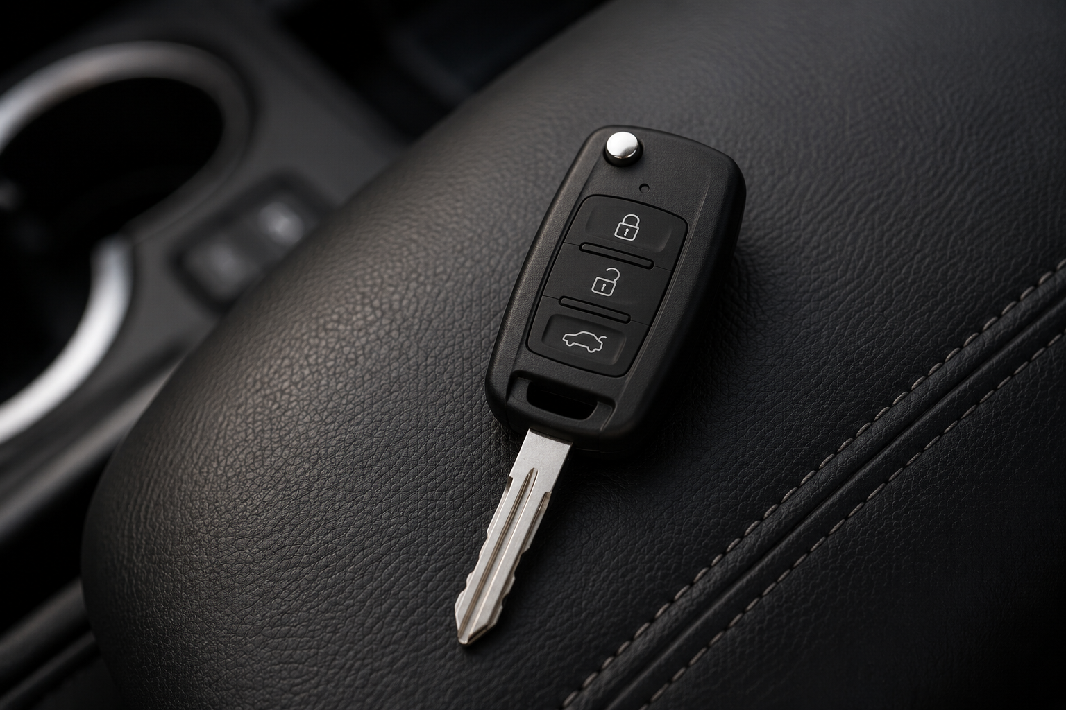 Close-up industrial photo of a freshly cut metal car key