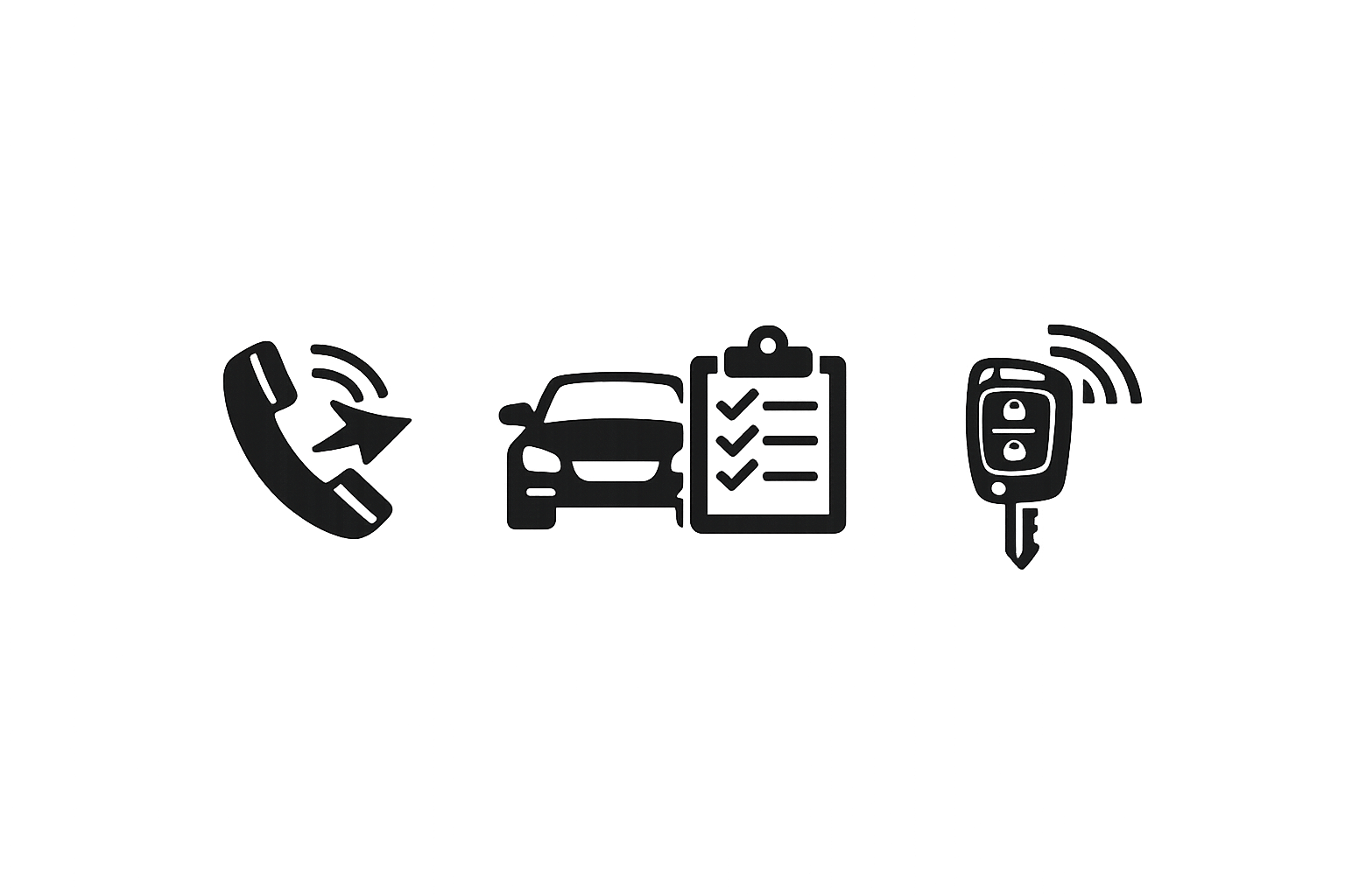 Three monochrome icons representing calling, confirming details, and completed key service