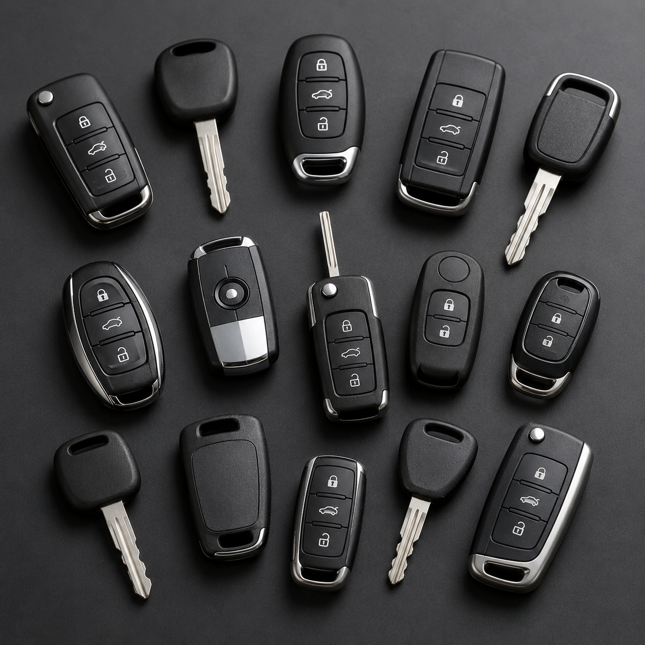 Collection of automotive keys, smart keys, and remotes arranged on a workbench