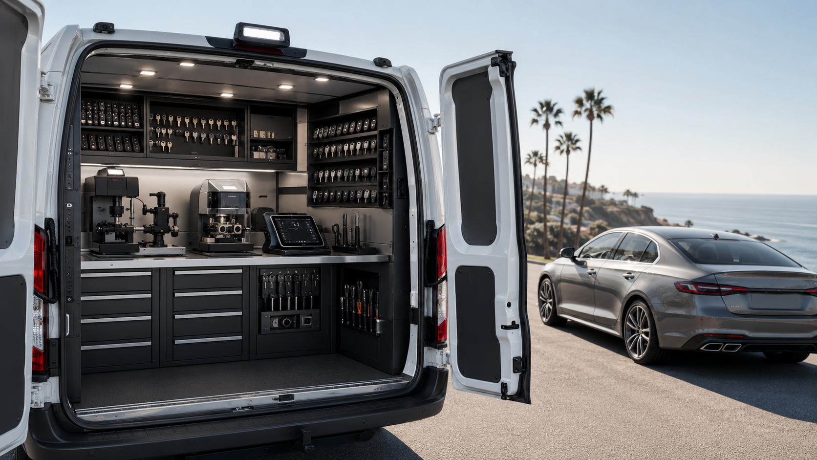 Mobile locksmith workshop setup near the San Diego coast