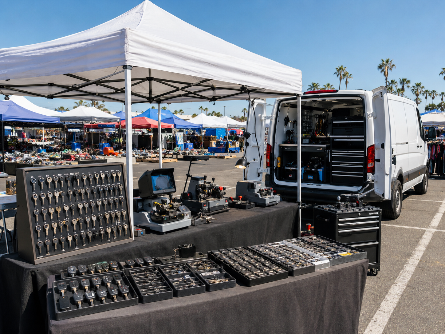Weekend locksmith setup with key-cutting equipment at the Spring Valley Swap Meet