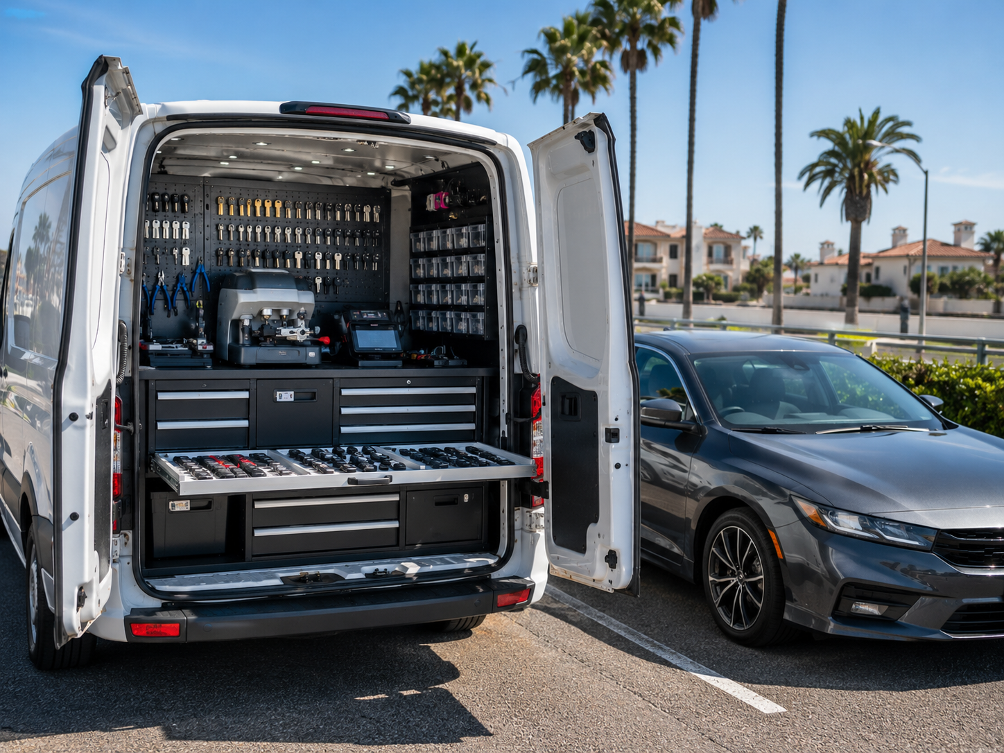 Mobile locksmith service van with key-cutting equipment parked by the San Diego coast