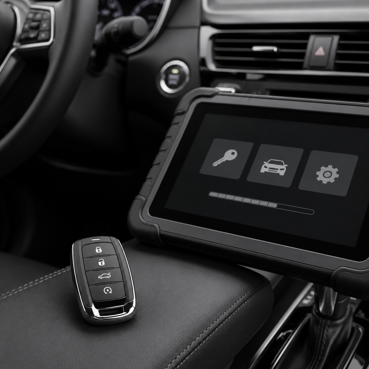 Modern vehicle interior with push-to-start ignition and key programming equipment